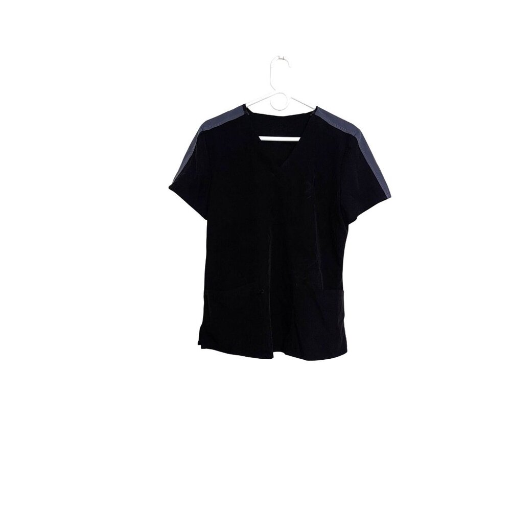 Womens Black Scrub Top With Pockets & Contrast Shoulders Size M Polyester/Spande